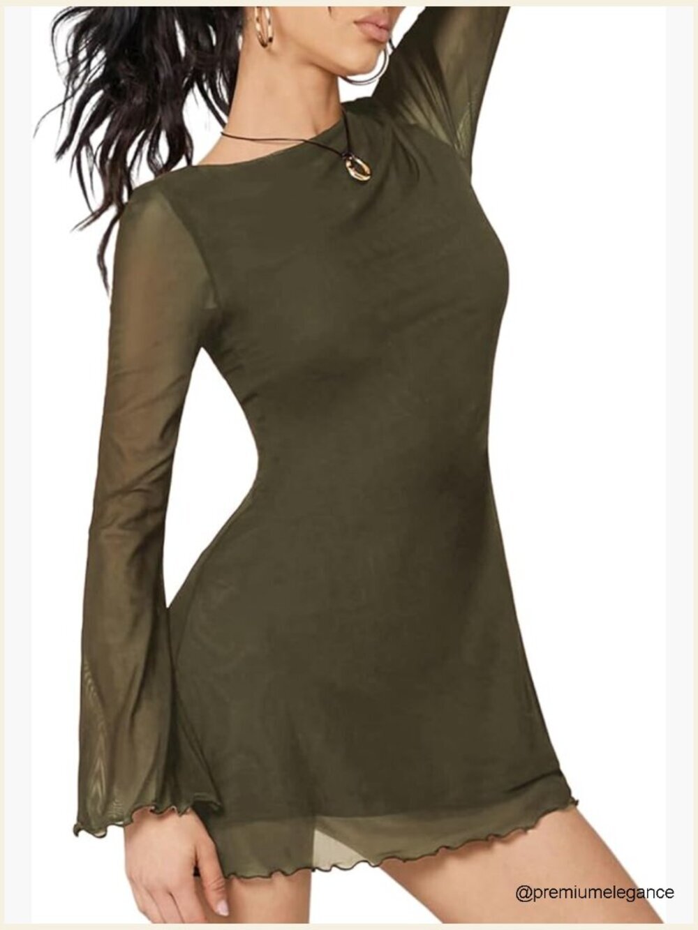 Boat Neck Mesh Long Bell Sleeve Mini Dress Y2k Going Out Short Dress
